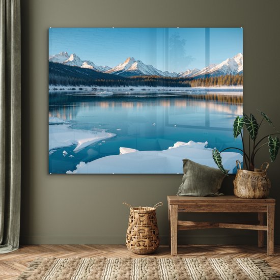 MuchoWow® Peinture sur verre 160x120 cm - Peinture sur verre acrylique - Paysage - Hiver - Lac - Montagnes - Vue - Glace - Photo sur verre - Décoration murale salon - Décoration murale chambre - Peintures