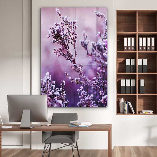 MuchoWow® Glasschilderij 120x180 cm - Schilderij acrylglas - Lavendel - Winter - Bloemen - Paars - Foto op glas - Muurdecoratie woonkamer - Wanddecoratie slaapkamer - Schilderijen