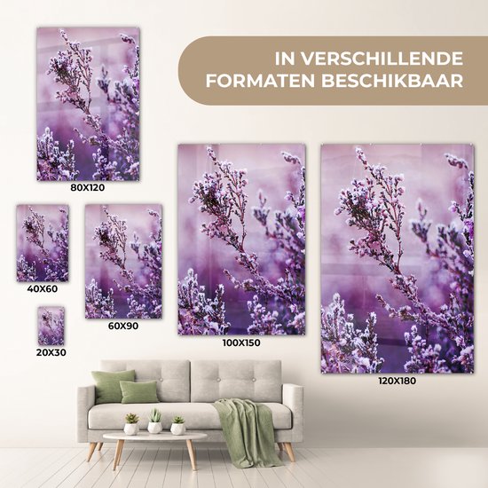 MuchoWow® Glasschilderij 120x180 cm - Schilderij acrylglas - Lavendel - Winter - Bloemen - Paars - Foto op glas - Muurdecoratie woonkamer - Wanddecoratie slaapkamer - Schilderijen