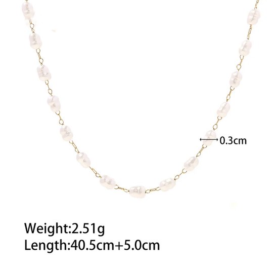 Gouden ketting met kleine witte parels, met afmetingen.