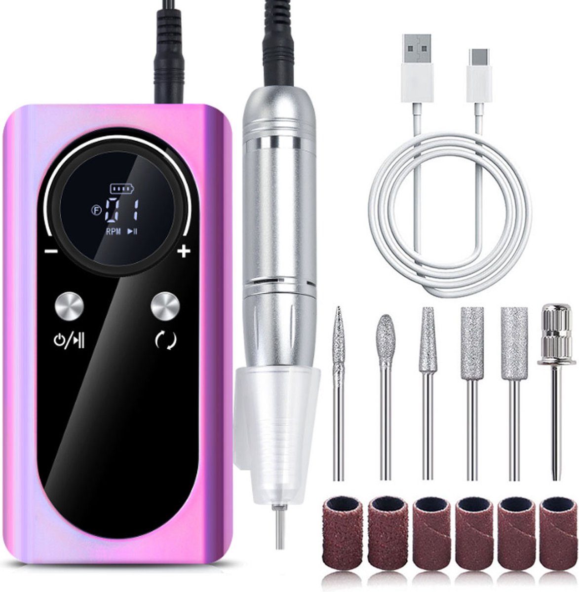Elektrische Nagelvijl - Draadloze Nagelfrees - 45000 Rpm Wireless Nagelfrees - Oplaadbaar - Met Weergave - Manicure En Pedicure Set - Eeltverwijderaar - 2000 Mah Accu - 6 Bitjes En 6 Schuurrolletjes - Nail Drill - Nagels - Professioneel - Paars