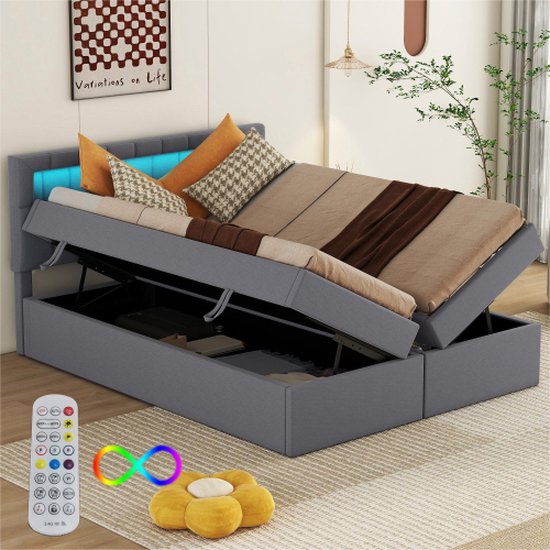 140*200cm plat bed, op afstand bedienbaar sfeerlicht aan het hoofdeinde van het bed, beide zijden van het bed kunnen geopend worden, grote opbergruimte, grijs