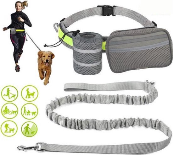 Hardloopriem Hond - Looplijn Met Heupriem Hands Free - Hondenriem - reflecterende hardloopband - Grijs - 150 cm tot 210 cm