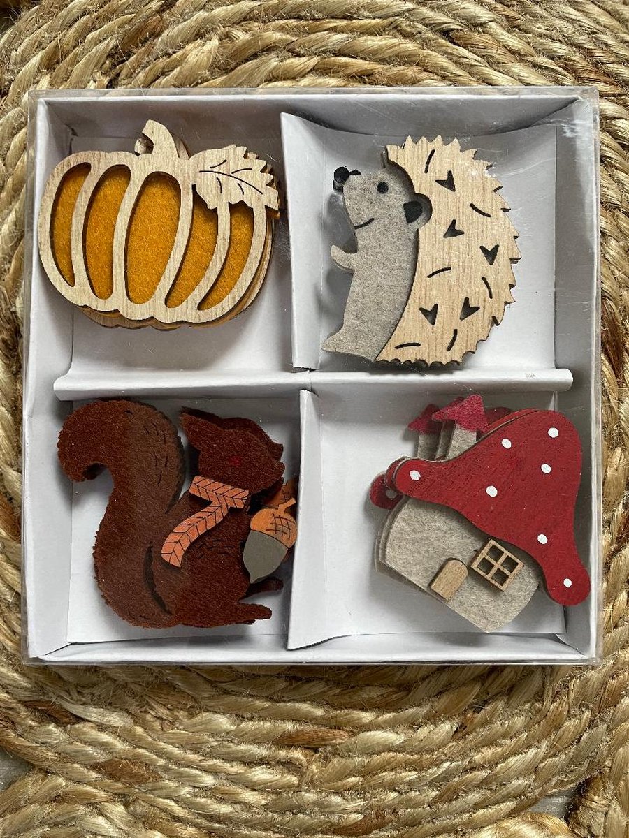 Mooie houten / Vilt Herfst figuren - Herfstdecoratie - Label - Cadeau versiering - Autumn - Bosdieren - Bos dier - Eekhoorn - Egel - Paddestoel - Pompoen | Decoratie hout Herfsttakken - Hanger | Peuterspeelzaal - School - Kinderopvang - DH collection