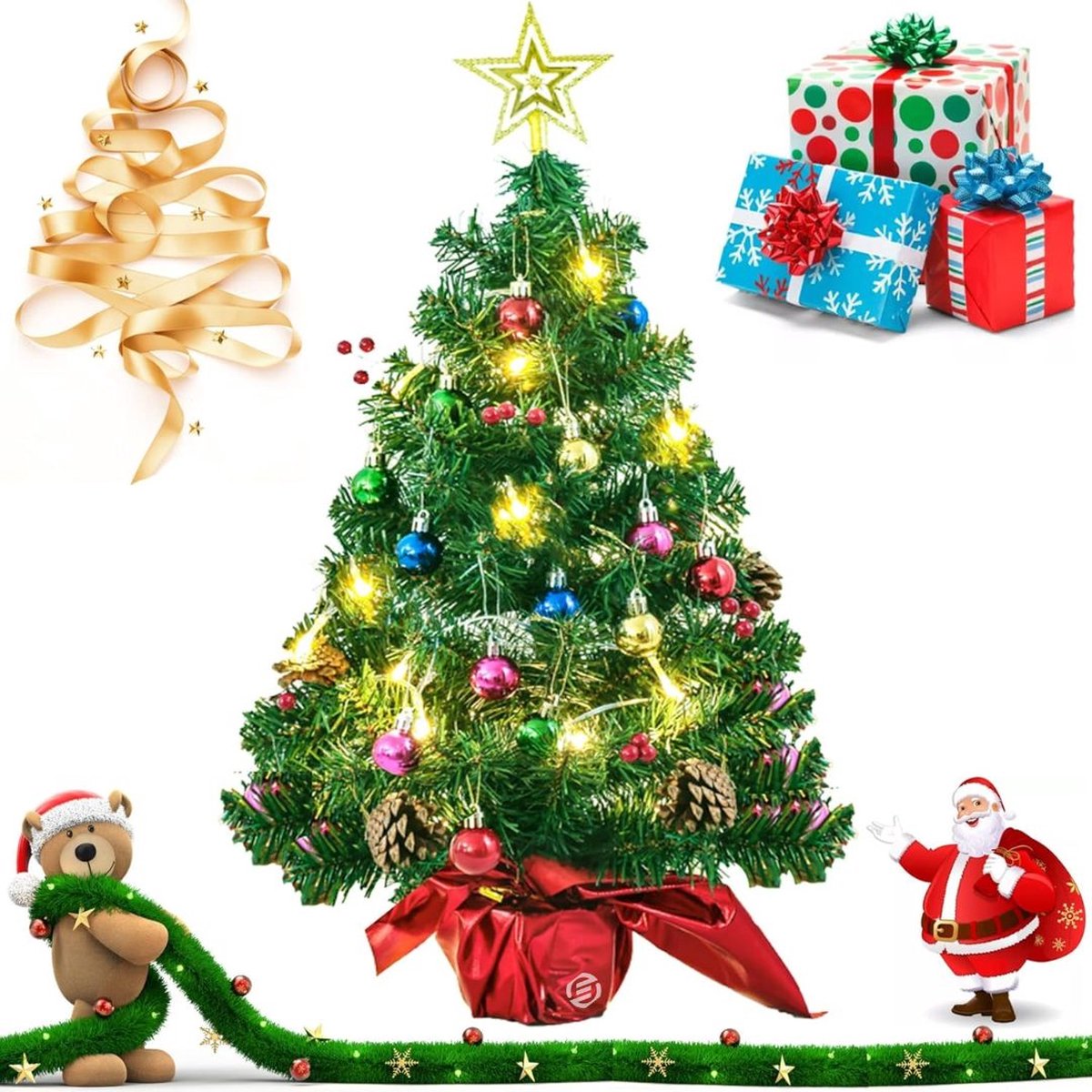 Equivera Mini Kerstboom - Kleine Kerstboom - Mini Kerstboompje met Verlichting - Mini Kerstboom met Lampjes - Mini Kerstboom met Decoratie - Mini Kerstboom met Versiering - Minikerstboom - Kerst Decoratie - Kerstversiering