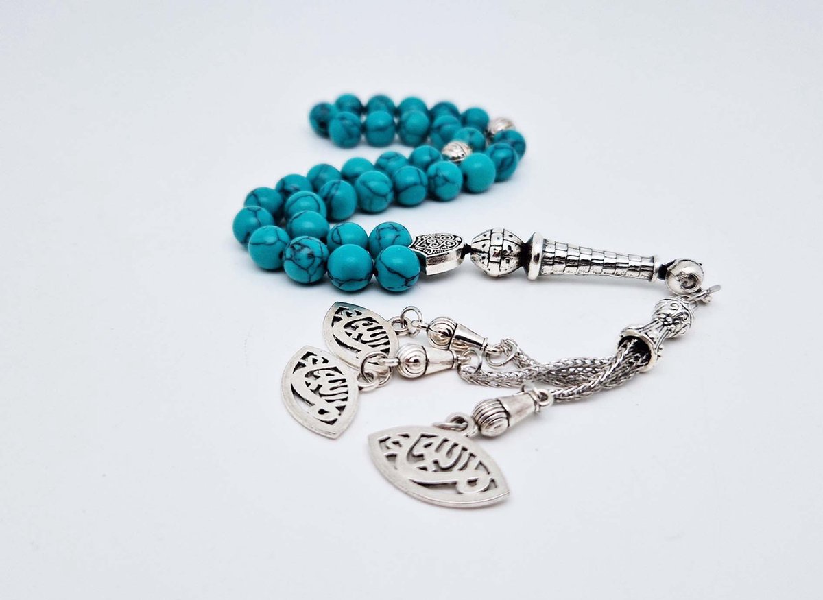 Handgemaakte tesbih "tasbih" natuursteen "Howliet groen" - Aantal kralen 33 - Diameter kralen 8 MM - met metaal tassel "model A11" - Een mooi cadeau-idee