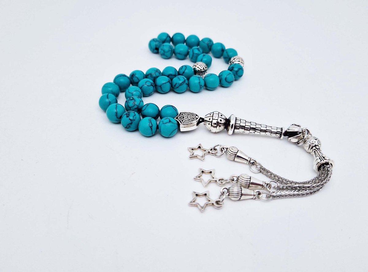 Handgemaakte tesbih "tasbih" natuursteen "Howliet groen" - Aantal kralen 33 - Diameter kralen 8 MM - met metaal tassel "model A17" - Een mooi cadeau-idee