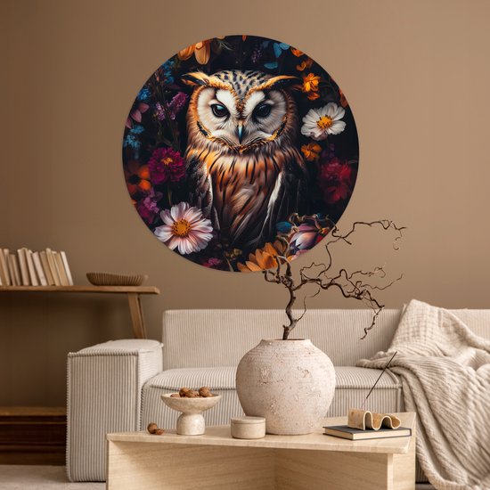 WallCircle® - Papier peint cercle 100x100 cm - Stickers muraux Chouette - Fleurs - Coloré - Nature - Cercle mural salon - Cercle mural chambre - Décoration de pièce autocollante - Accessoires de Décoration murale XXL