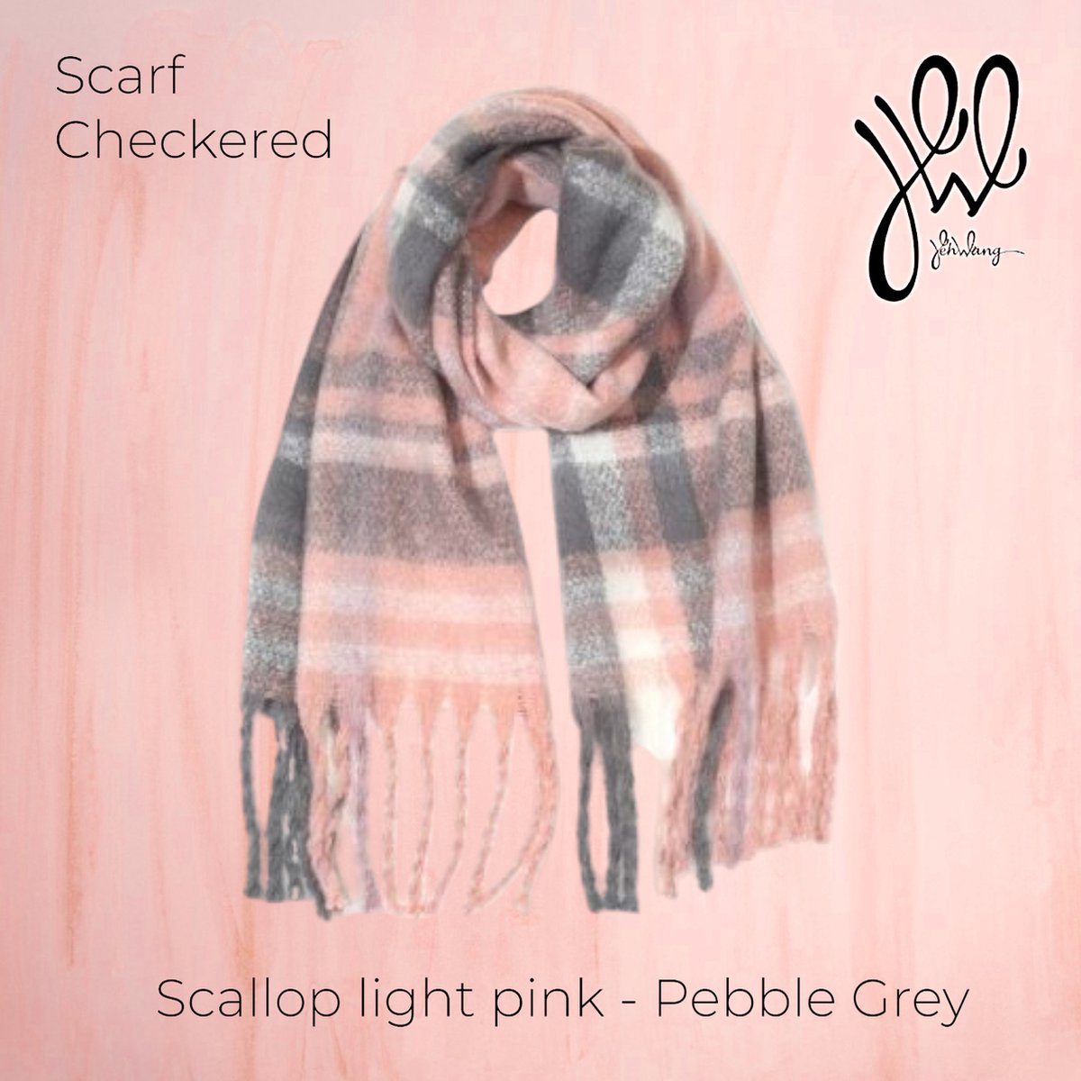 YehWang - Herfst Winter Scarf - Soft touch sjaal - Checkered / Geruit - Scallop licht roze / Kiezel grijs / Lila pink / Gebroken wit - 180 x 60 cm - volwassenen jeugd - unisex - casual - herfst winter