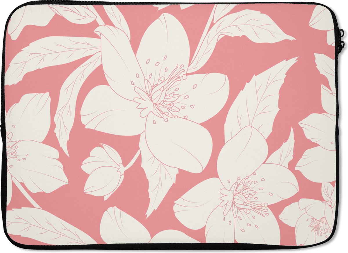 Laptophoes 14 inch - Bloemen - Patroon - Roze - Wit - Laptop sleeve - Binnenmaat 33x23 cm - Zwarte achterkant