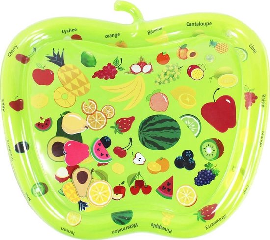 Groene appel waterspeelmat met veelkleurige fruitprints, waaronder aardbei, watermeloen, kiwi, sinaasappel en bessen.