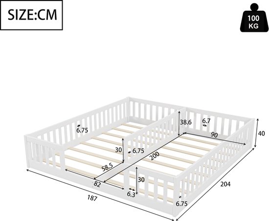Merax Kinderbed 90 x 200 cm, met uitschuifbed 90 x 190 cm, met USB-stopcontacten en opslag, voor jongens, meisjes, grijs (zonder matras