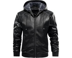 Winterjas voor heren, lederen jas, warm gevoerd, kunstleren jas met capuchon, winddicht, outdoor, motorjas met ritssluiting