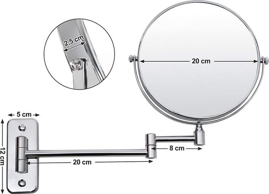 10x Vergrotende Hangende Make-up Spiegel - Scheerspiegel - 360° Ronde Draaibare Wand Cosmetica Spiegel voor Badkamer - Dubbelzijdig met Opklapbare Arm- Uitschuifbaar - 20 cm diameter - Roestvrij Staal - Zilver - Acaza