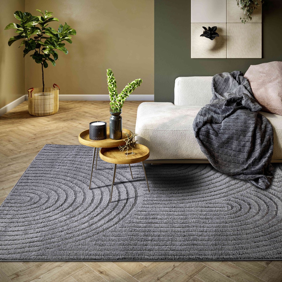 Elle Decoration Rond Japandi vloerkleed laagpolig - New York Design - Panglao Antraciet 120x170 cm