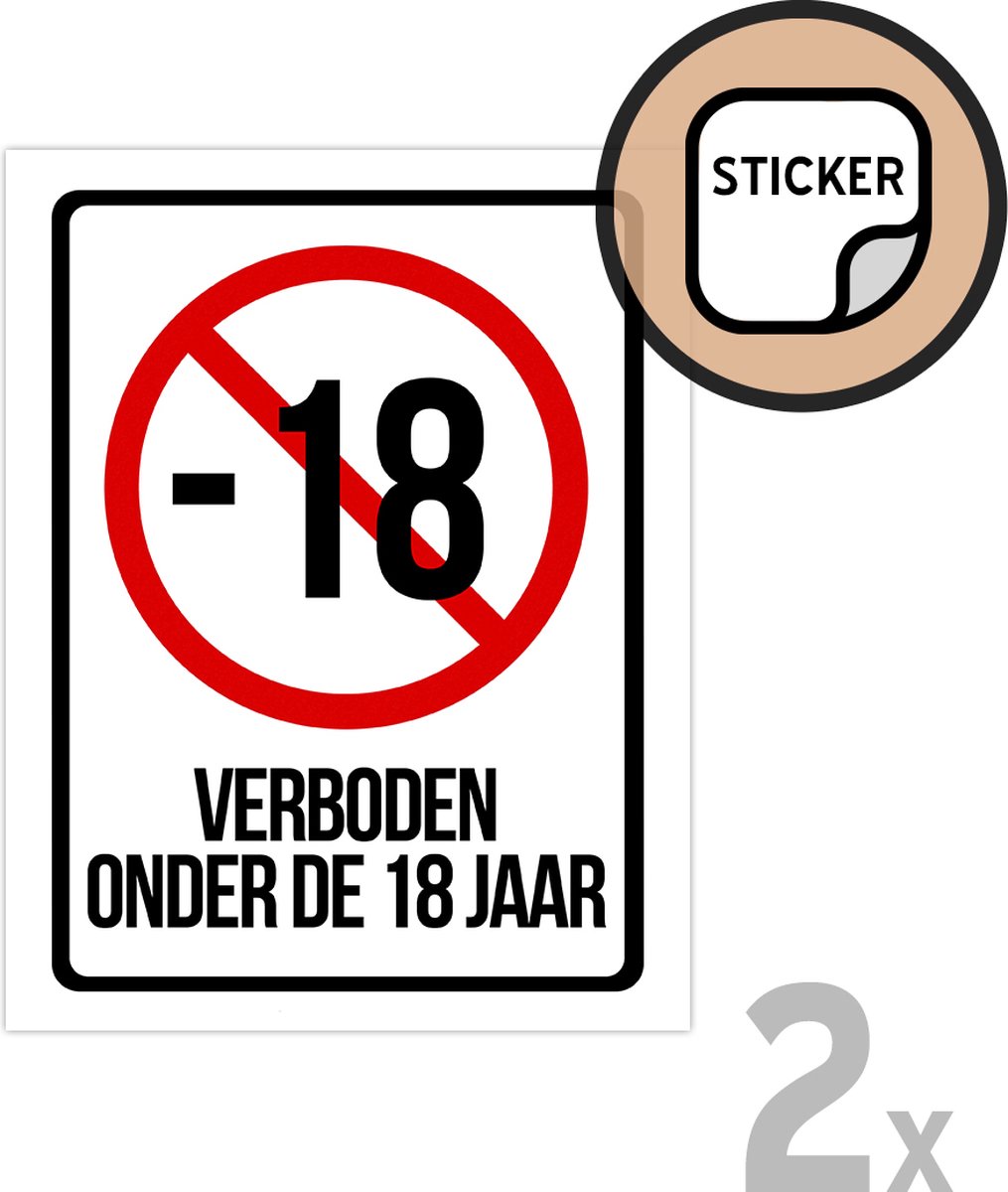 Pictogram/ stickers (2x) | "Verboden onder de 18 jaar" | 19 x 25 cm | Minderjarig | Vape | Alcohol | Controle | Leeftijd | 2 stuks