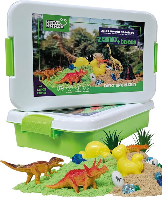 KidzKraze® Dino Speeltuin Speelzand – 1,6 kg bruin en groen Kleefzand voor binnen – Met Vormpjes en Speelgoed – Inclusief speel en opbergkoffer – Sensorisch speelgoed – zand bak starter set voor kinderen – Constructie set ㅤ ㅤ ㅤ ㅤ ㅤ ㅤ ㅤ ㅤ ㅤ ㅤ ㅤ ㅤ ㅤ ㅤ