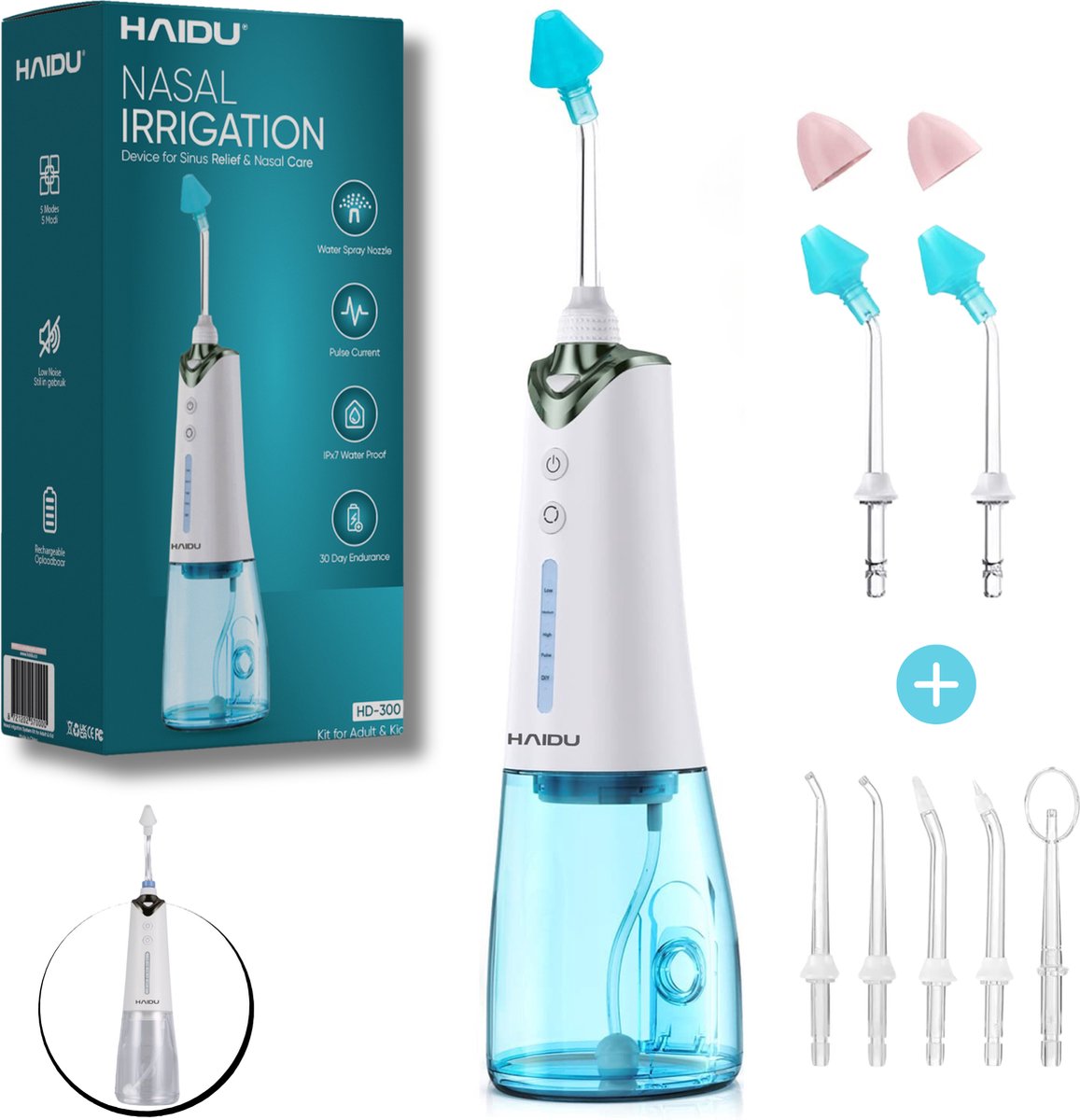 Goedkoopste HAIDU Neusdouche Flex – Inclusief Waterflosser opzetstukken – 5 Standen – Neusspoeler effectief tegen Neusverkoudheid, Bijholteontsteking, Hooikoorts, Sinusitis – Oplaadbaar – Blauw