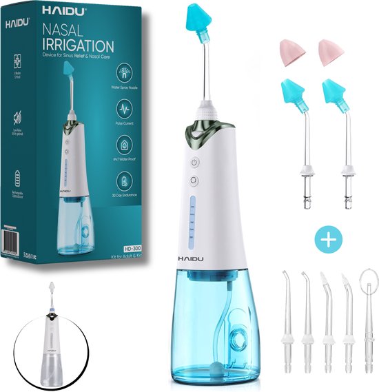 Foto: Haidu neusdouche flex inclusief waterflosser opzetstukken 5 standen neusspoeler effectief tegen neusverkoudheid bijholteontsteking hooikoorts sinusitis oplaadbaar blauw