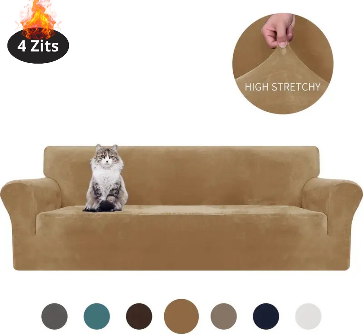 Nivard Bankhoes - Bankbeschermer - Stretch - Sofa Cover - Fluweel - Kameel - 4 Zits