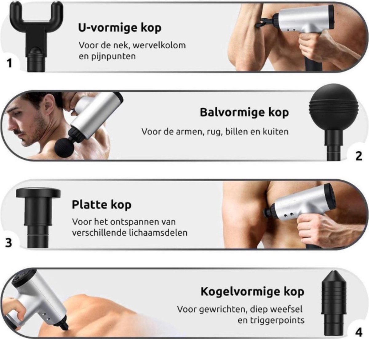 Afbeelding 3 van Massagegun - Massage Pistool - 4 Opzetstukken - 6 Standen - Krachtig - Draadloos - Sport - Relax Massage Apparaat