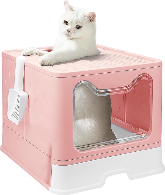 HelloMiao Volledig gesloten kattentoilet met deksel, ladetype, deodoriserende kattenbak, groot, opvouwbare kattentoilet met kunststof schep voor huisdieren (Blauw
