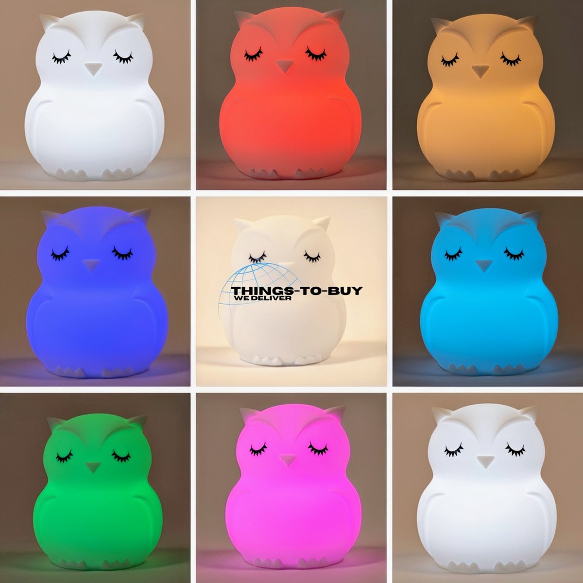 THINGS-TO-BUY – Nachtlampje –Uil – (L) 15cm – USB c – Oplaadbare lamp – 8 LED Kleuren (Wit, Warm Wit, RGB) – Voor Baby & Kinderkamer – Bedlamp – Kraamcadeau – Tafellamp slaapkamer