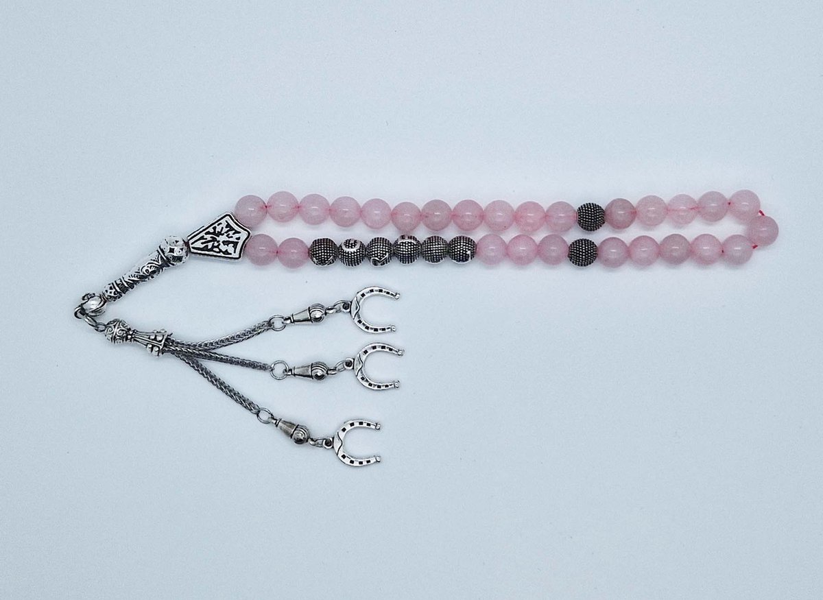Handgemaakte naam tasbih 33 Kralen Natuursteen “Roze kwartz” - met metaal tassel “Hoefijzer"- Met je naam of de naam van uw geliefde- 8 mm diameter van de korrel
