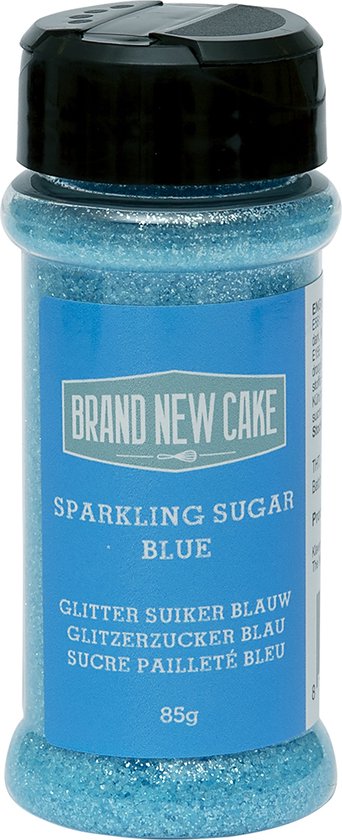 Een flesje Brand New Cake Sparkling Sugar Blue met blauwe, glinsterende suiker. 85g.