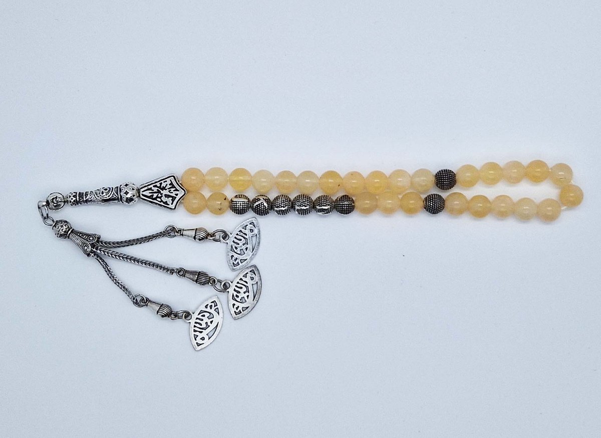 Handgemaakte naam tasbih 33 Kralen Natuursteen “Calciet geel” - met metaal tassel “Ogen"- Met je naam of de naam van uw geliefde- 8 mm diameter van de korrel