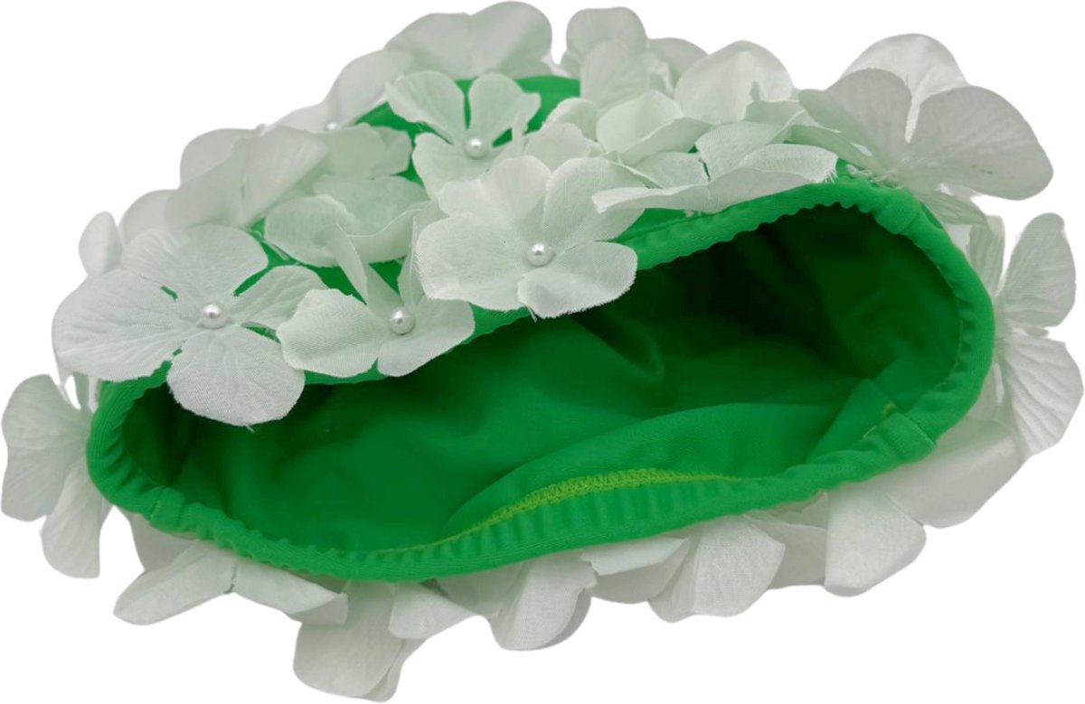 Winkrs | Groene Badmuts met Witte Bloemen en Parels | Douche accessoire, haarbedekking, douchecap, zwemmen — afbeelding 3