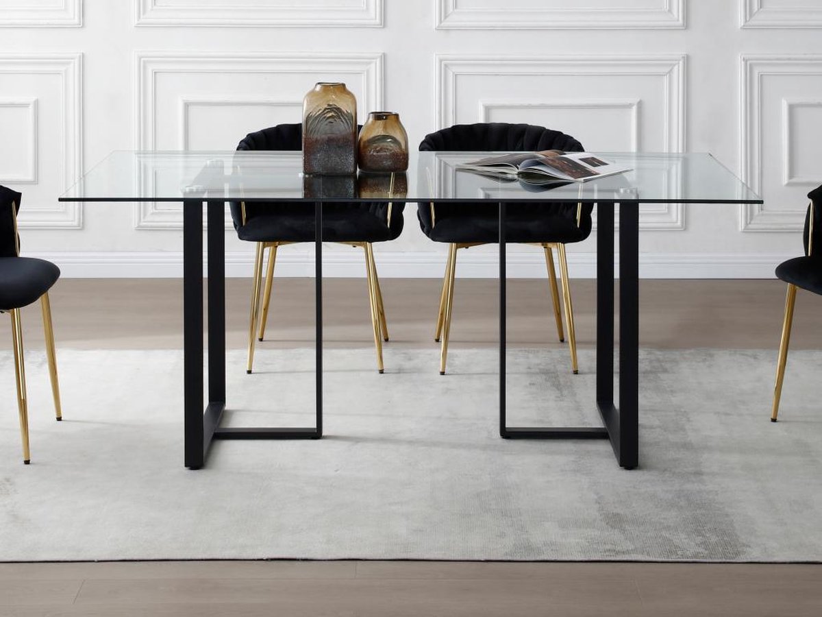 Vente-unique Eettafel 6 personen in gehard glas en roestvrij staal - Transparant en zwart - NILESA