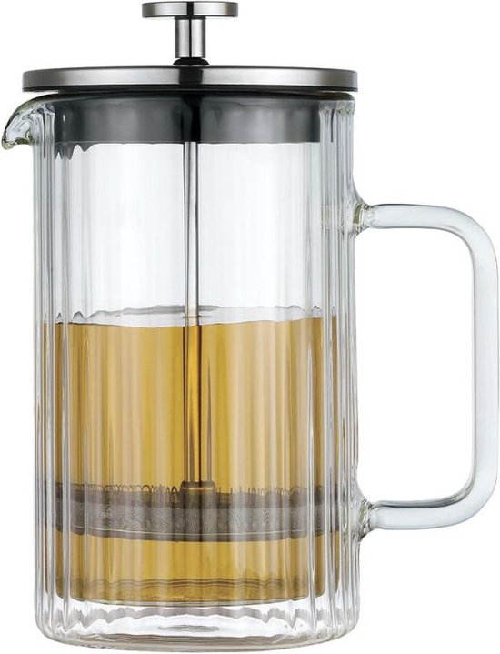 Cafetière/théière en verre à double paroi, remplie de thé doré et d'un filtre en acier inoxydable.