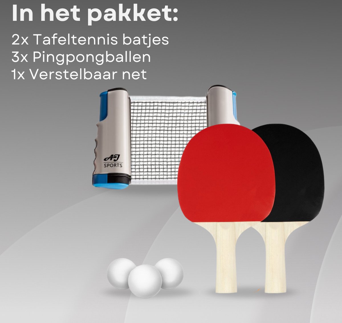 AJ-Sports Tafeltennis set - Ping pong set - Pingpong - Tafeltennis Batjes - Tafeltennis Ballen - Ping pong tafel set - Ping pong ballen - Uitschuifbaar Net - Inclusief 3 balletjes en 2 batjes — afbeelding 3