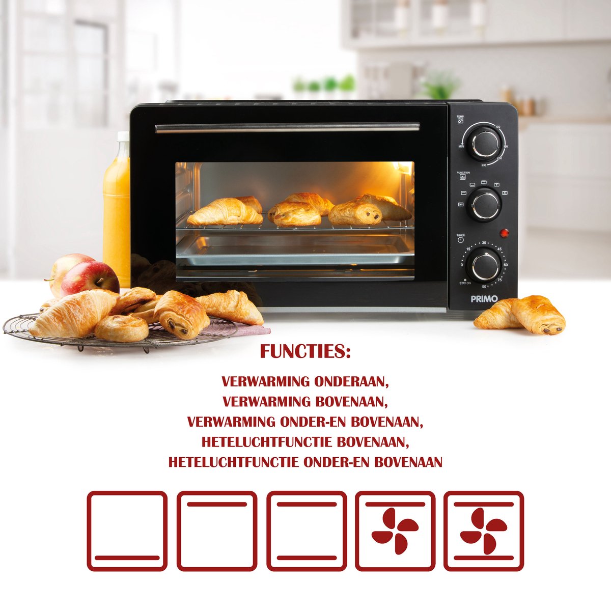 PRIMO PR254OV Vrijstaande Oven - Heteluchtoven - 28L - 1500W - Zwart – foto 6