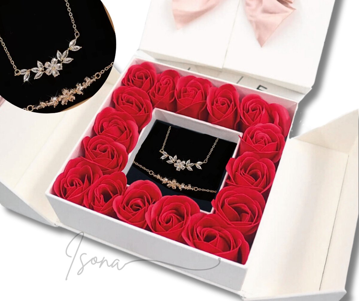 Goedkoopste Isona Cadeau voor Vrouw - Cadeaurozen - Ketting en Armband - Sieradendoos - Luxe Geschenkset Vrouwen - Verjaardagscadeau - Geschenkdoos - Juwelen - Badzeep Rozen - Giftset - Liefde - Relatie - Vriendschap - Kerst - Kerstmis - Wit - Goud