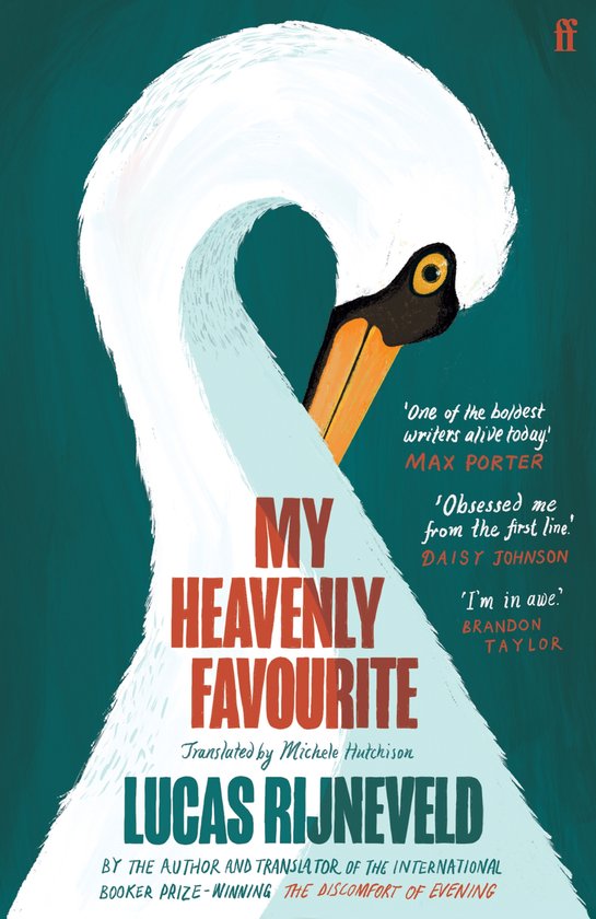 Boekomslag van 'My Heavenly Favourite' van Lucas Rijneveld met een illustratie van een witte zwaan met oranje snavel.