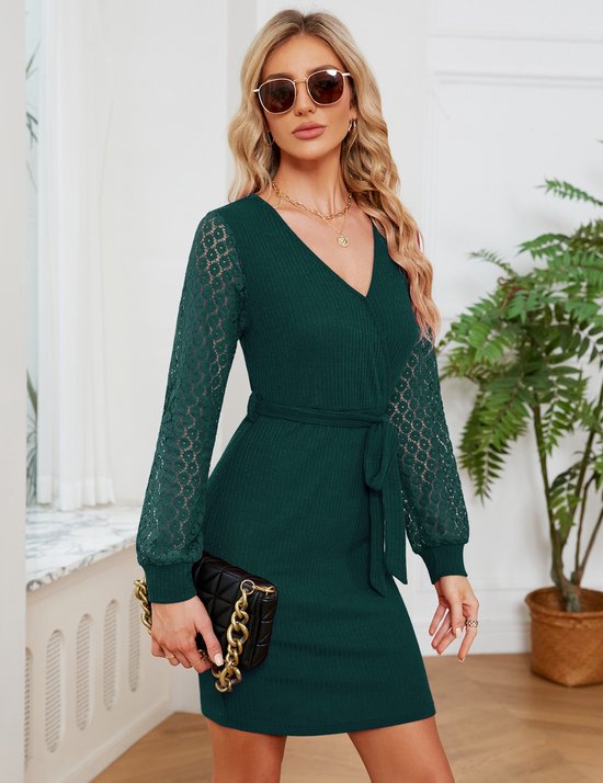 Damesjurk V-hals kanten mouwen elegante feestelijke tuniekjurk met lange mouwen Donkergroen S