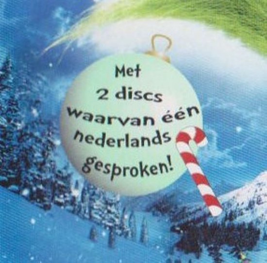 Kerstbal met tekst 'Met 2 discs waarvan één nederlands gesproken!' en een kerststokje.