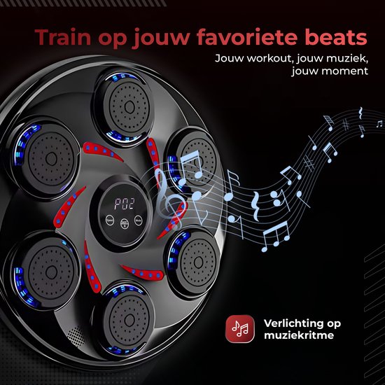 Zwarte boksmachine met zes verlichte pads en rode accenten, met muzieknoten die aangeven dat de verlichting op muziek reageert.