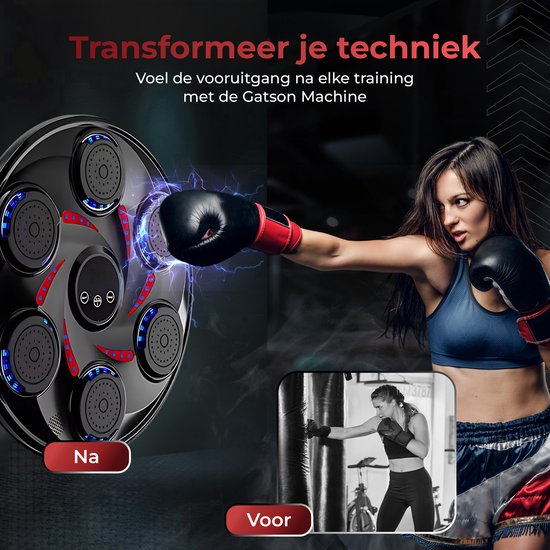 Collage van een boksmachine met zes verlichte pads en een vrouw die bokst met rode bokshandschoenen. Een inzet toont de vrouw tijdens een training.
