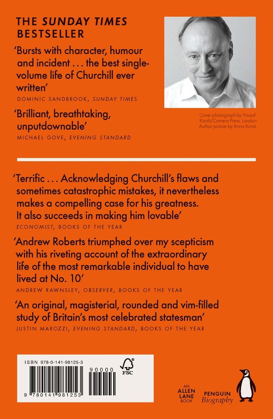 Dos du livre "Churchill Walking with Destiny" avec des citations et une photo de l'auteur.