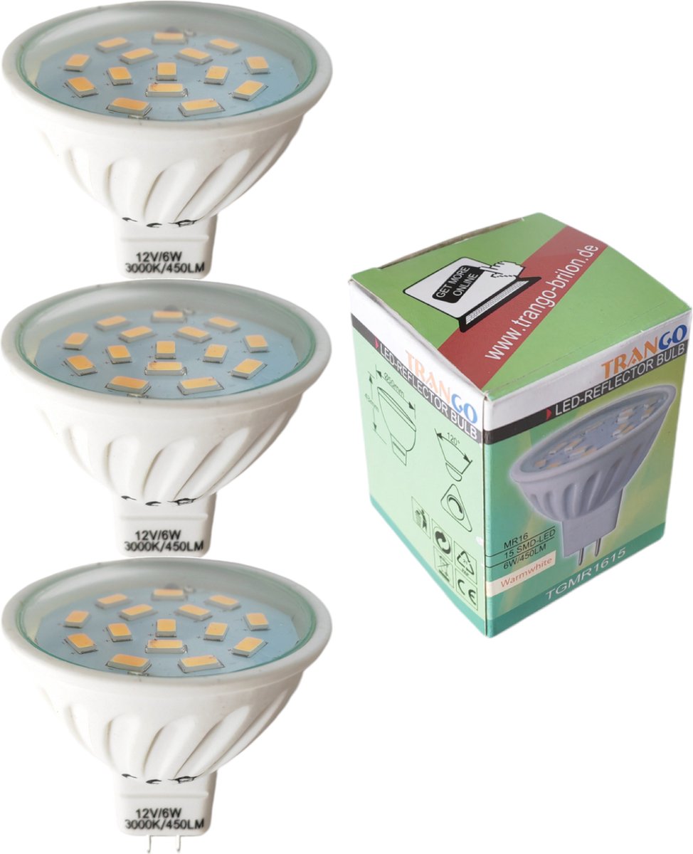 Trango Set van 3 LED lampen MR1615*3 dimbaar 6 Watt 450 lumen 12 Volt 3000K warm wit met MR16 I GU5.3 I G4 fitting ter vervanging van conventionele halogeenlamp, reflectorlamp, LED lampen