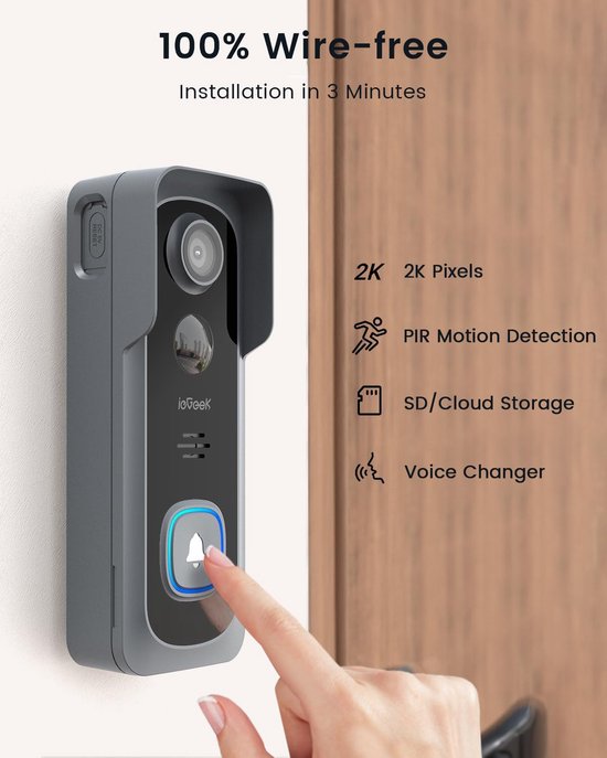 ieGeek Wifi-videodeurbel met camera - 2K HD - draadloze videodeurbel met gong - 2-weg audio - werkt met Alexa van Merkloos — afbeelding 4