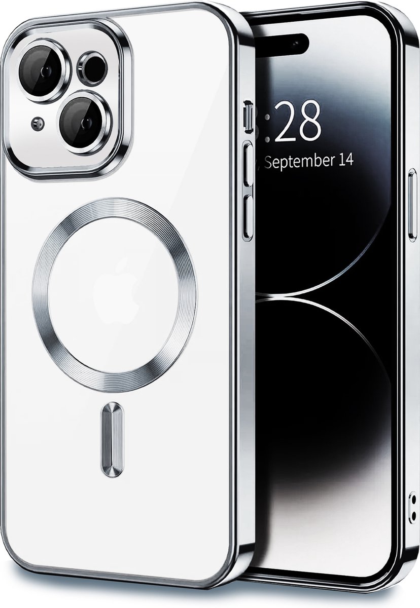 TG Techgrip - Hoesje Geschikt voor iPhone 15 Magsafe Compatible Zilver - Back Cover Hoesje met ingebouwde 9H HD camera glas bescherming - Zilver Hoes Geschikt voor iPhone 15