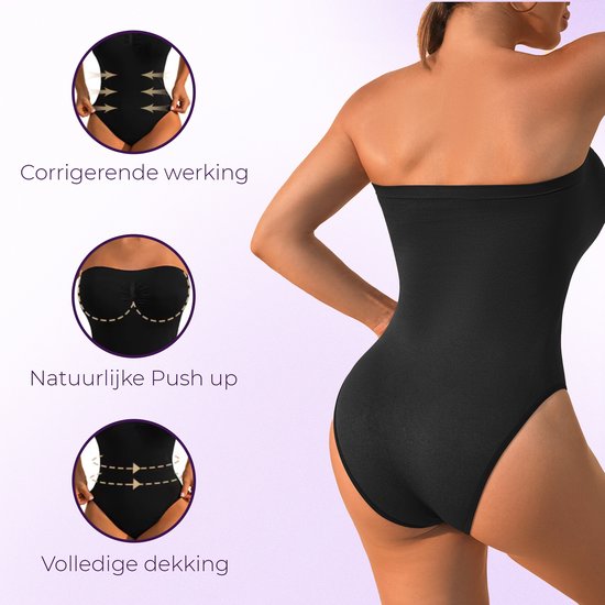 Zwarte strapless body met corrigerende werking, natuurlijke push-up en volledige dekking.