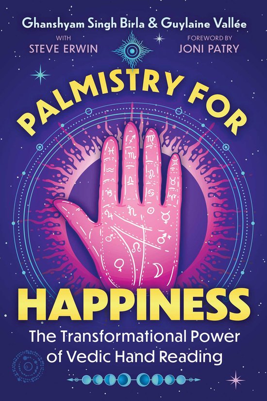 Boekomslag van 'Palmistry for Happiness', met een roze hand vol astrologische symbolen tegen een paarse en blauwe achtergrond.