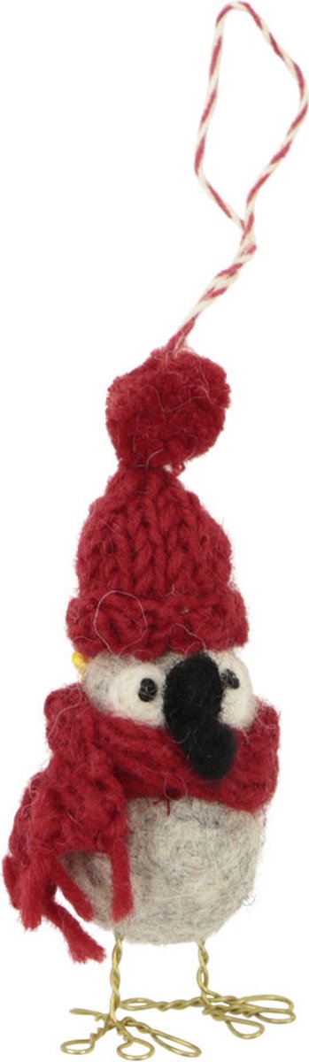 Ornament vilt kerst vogel staand met muts en sjaal rood