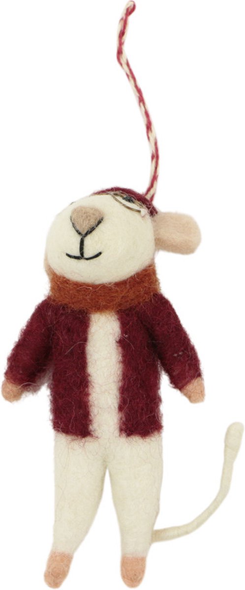Ornament vilt kerst muis barrett/jas rood