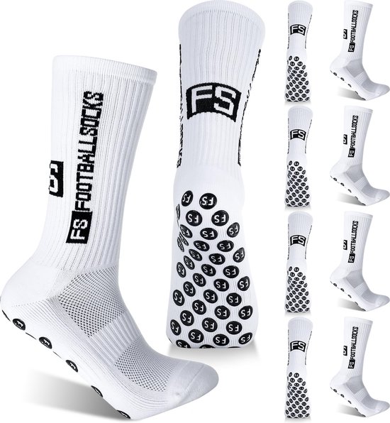 Une chaussette de sport blanche avec inscription 'FS FOOTBALL SOCKS' et picots antidérapants, entourée de plus petites images de la chaussette.
